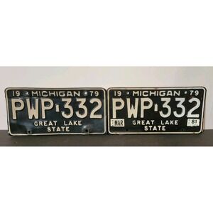 1979 Michigan License Plate Pair PWP-332 Black and White "Great Lake State" Tags